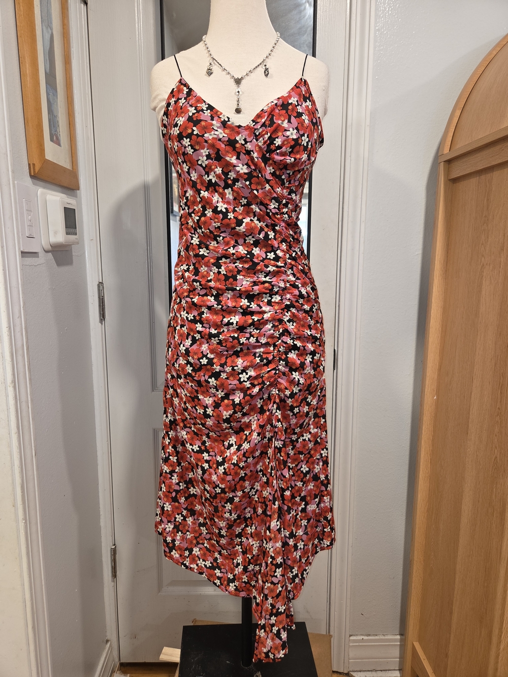 Dress Forum Red Floral Midi Slip Dress with Spaghetti Straps